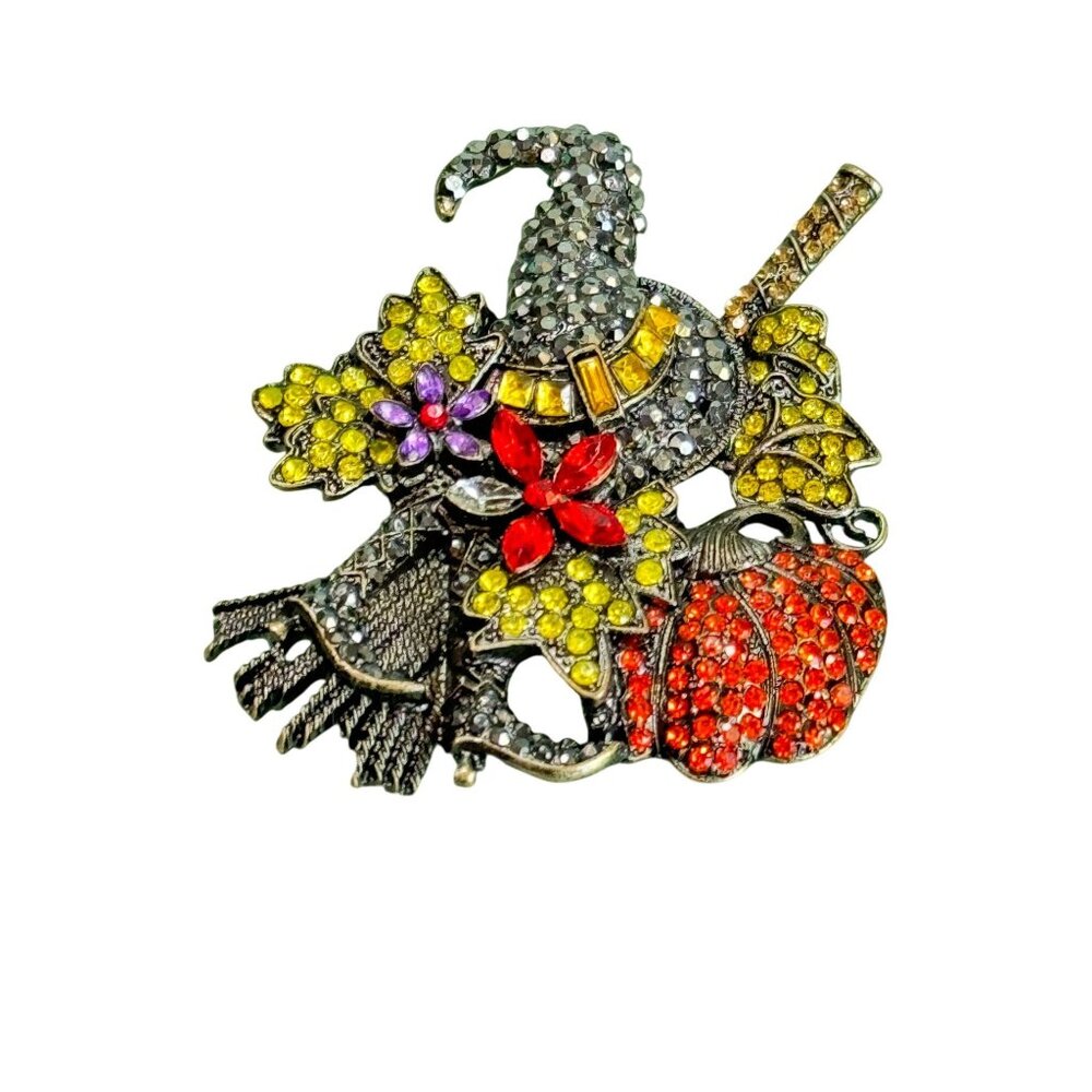 Halloween Witch Hat Brooch With Broom Pumpkin & Floral Accents Rhinestones  3 1/